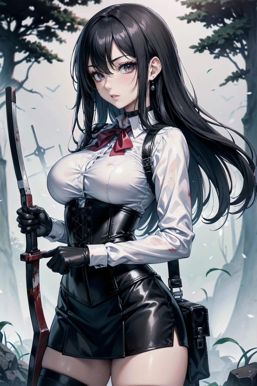 ((blood droplets)), ((blood)), ((blood splatter)), ((blood on clothes)), ((blood stain)), Masterpiece, Beautiful art, professional artist, 8k, art style by sciamano240, Very detailed face, Detailed clothing, detailed fabric, 1 girl, front view, standing, perfectly drawn body, terrified expression, pale skin, beautiful face, long black hair, Blue eyes, very detailed eyes, pink cheeks, choker:1.6, (white collar button down long sleeve shirt), black gloves, gloves that cover hands, (holding an ax in his right hand), (black leather corset), (shiny black leggings), Sensual Lips , evening de invierno, show details in the eyes, looking at the viewer, Dark road, Snowy forest, evening, Atmosphere, snow
