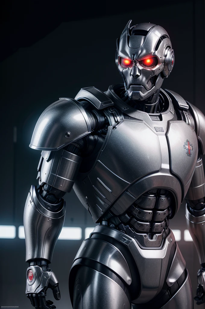 Create a hyper-realistic digital image of a Terminator robot. It has a metallic and mechanical structure, with worn red eyes and a menacing expression. His armor and metallic armor cover his body, and it has weapons and cannons integrated into its arms and shoulders. The background should be dark and gloomy, with a post-apocalyptic aspect.( The robot's face is close to the camera)