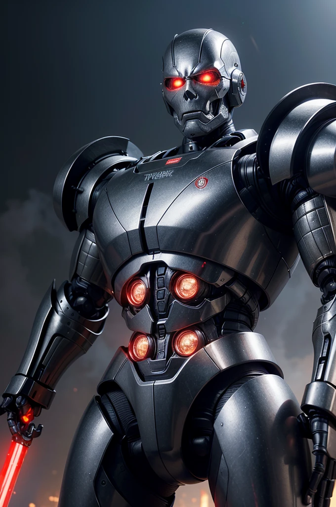 Create a hyper-realistic digital image of a Terminator robot. It has a metallic and mechanical structure, with worn red eyes and a menacing expression. His armor and metallic armor cover his body, and it has weapons and cannons integrated into its arms and shoulders. The background should be dark and gloomy, with a post-apocalyptic aspect.( The robot's face is close to the camera)