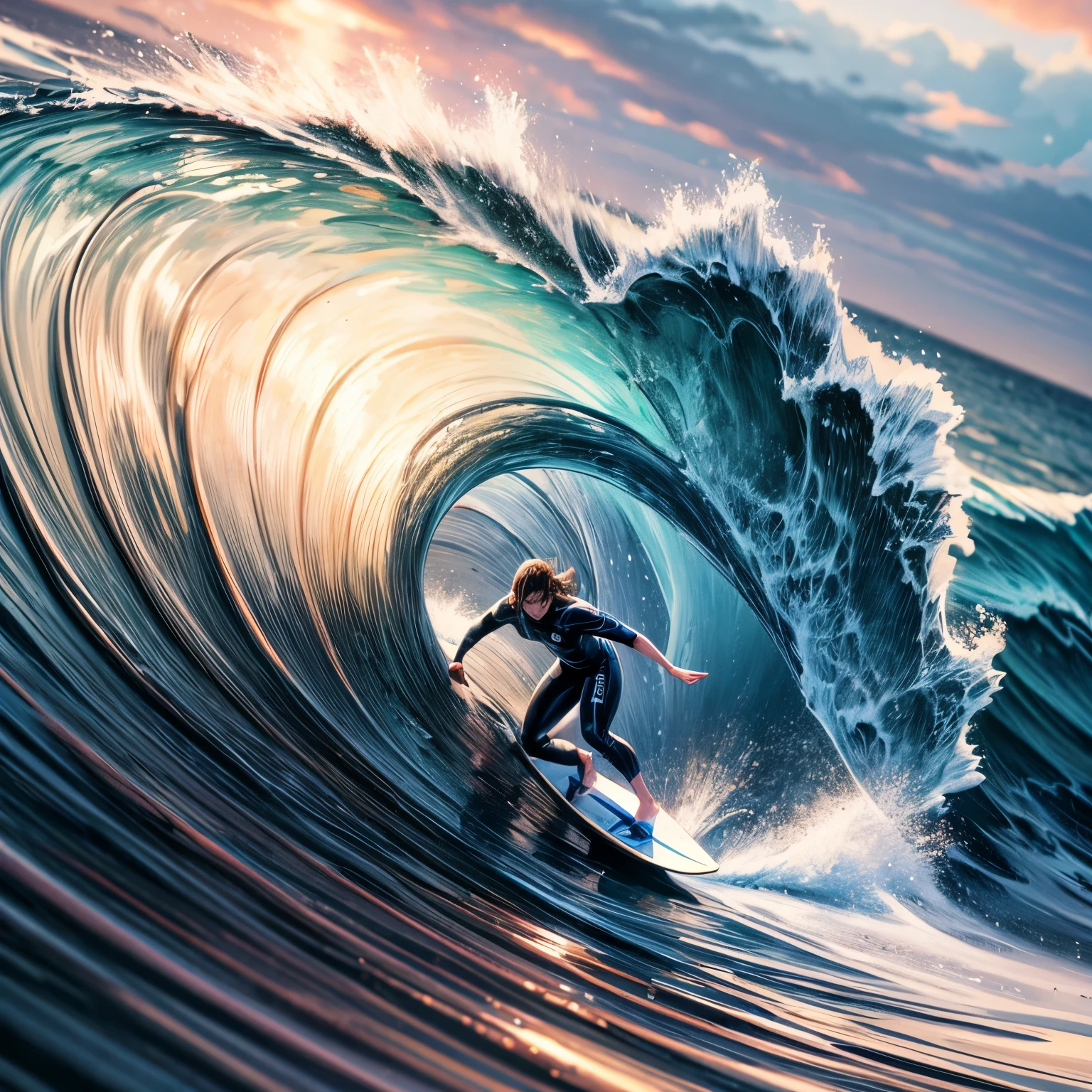 {Lowest Quality, Low Quality)}, A realistic and immersive illustration of a single surfer surfing a tube line in close-up Must-Have, Best Quality, Super Detailed,--photorealistic,--highly detailed,--realistic lighting,--accurate proportions,--precise textures,--sharp focus,--correct perspective,--dramatic lighting,--realistic shading,--ultra detailed,--vivid colors,--perfect composition,--high resolution,--crystal clear,--seamless blending,--exquisite detail,--lifelike realism,--extreme clarity,--high dynamic range (HDR),--rich textures,--balanced composition,--sharp edges,--precise lines,--clear outlines,--smooth gradients,--accurate rendering,--vivid depiction,--unmatched clarity,--absolute precision,--color accuracy