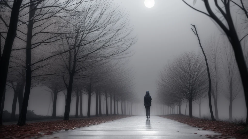 A single person walking along a path covered in fallen leaves, under a gray and cloudy sky. The person is dressed in a dark coat, with head tilted slightly downward, reflecting introspection and sadness. On the sides of the path, The leafless trees stand like shadows of the past. on the horizon, a lone star shines faintly in the night sky, symbolizing the dreams and memories that still persist. Raindrops fall softly, adding a touch of melancholy and representing tears and pain.