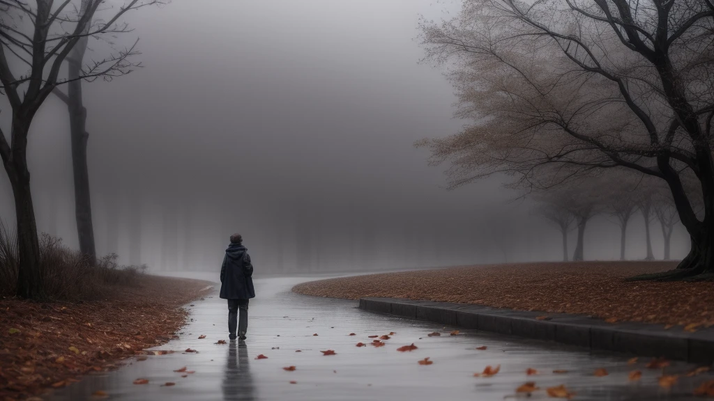 A single person walking along a path covered in fallen leaves, under a gray and cloudy sky. The person is dressed in a dark coat, with head tilted slightly downward, reflecting introspection and sadness. On the sides of the path, The leafless trees stand like shadows of the past. on the horizon, a lone star shines faintly in the night sky, symbolizing the dreams and memories that still persist. Raindrops fall softly, adding a touch of melancholy and representing tears and pain.