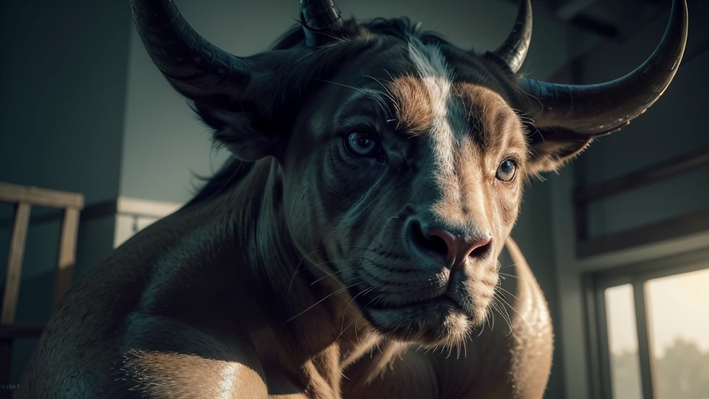 a tame bull, muscular body, horns, big eyes, calm expression, powerful posture, detailed anatomy, textured skin, bright lighting, cinematic angle, light moody colors, digital painting, photorealistic, (best quality, 4k, 8k, high resolution , masterpiece: 1.2), ultra-detailed, (realistic, photorealistic, photorealistic: 1.37)