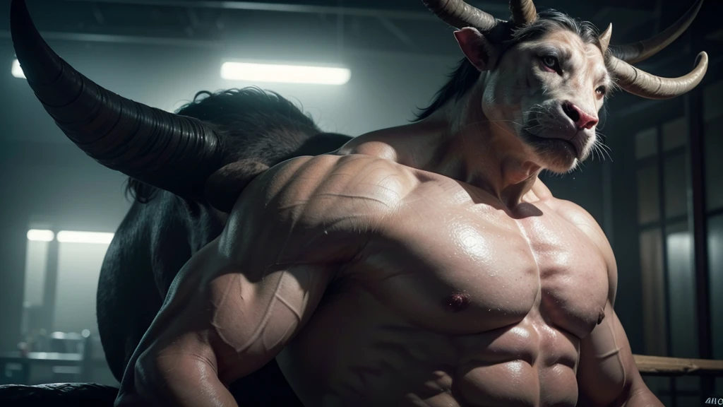 a tame bull, muscular body, horns, big eyes, calm expression, powerful posture, detailed anatomy, textured skin, bright lighting, cinematic angle, light moody colors, digital painting, photorealistic, (best quality, 4k, 8k, high resolution , masterpiece: 1.2), ultra-detailed, (realistic, photorealistic, photorealistic: 1.37)