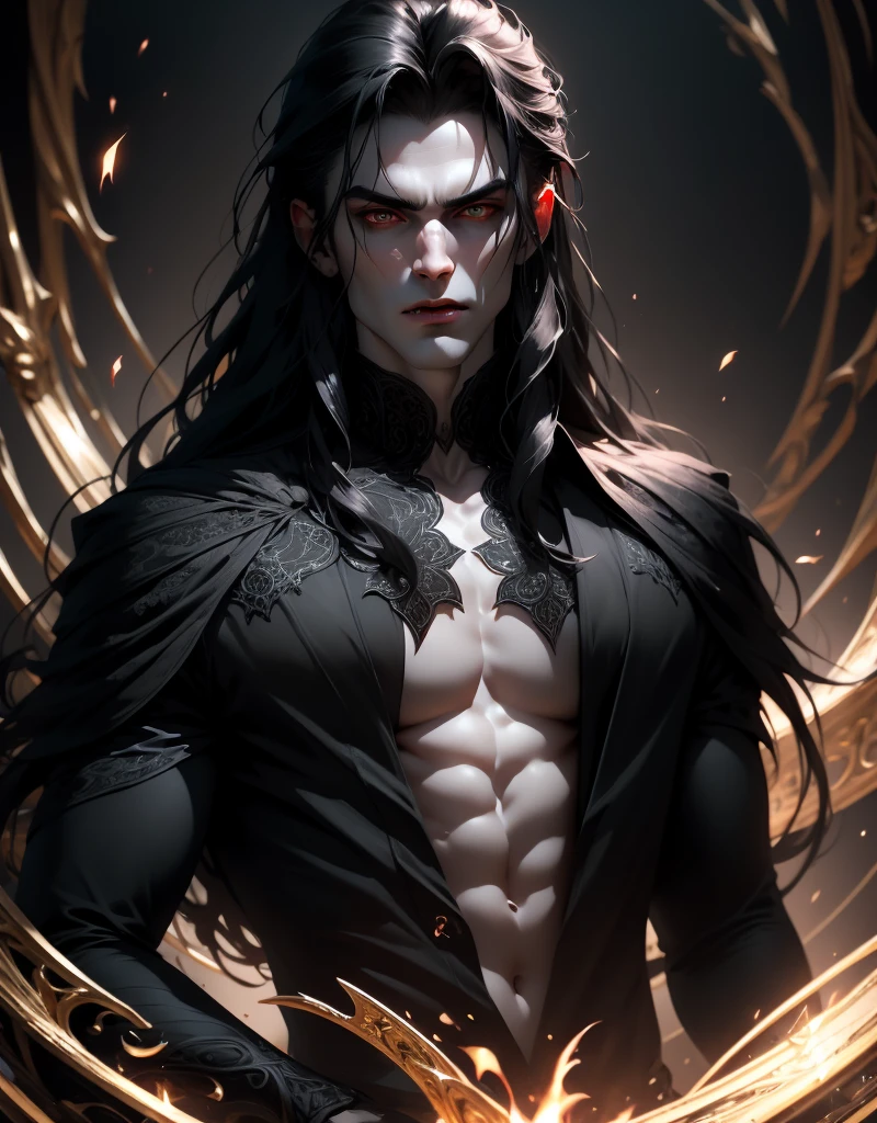 {???????}(Masterpiece - Ultra-detailed, very high resolution) Prepare to be enchanted by a true masterpiece that combines ultra-detailed art with high-resolution rendering. This work portrays a vampire man with long black hair (1.3) and captivating golden eyes (1.2), emanating an aura of mystery in dark settings. The intricate details and realistic textures invite you to explore every aspect of this enchanting composition. Vampire man. Black tunic. Serious expressions. Pale skin like a vampire. Dynamic poses.

