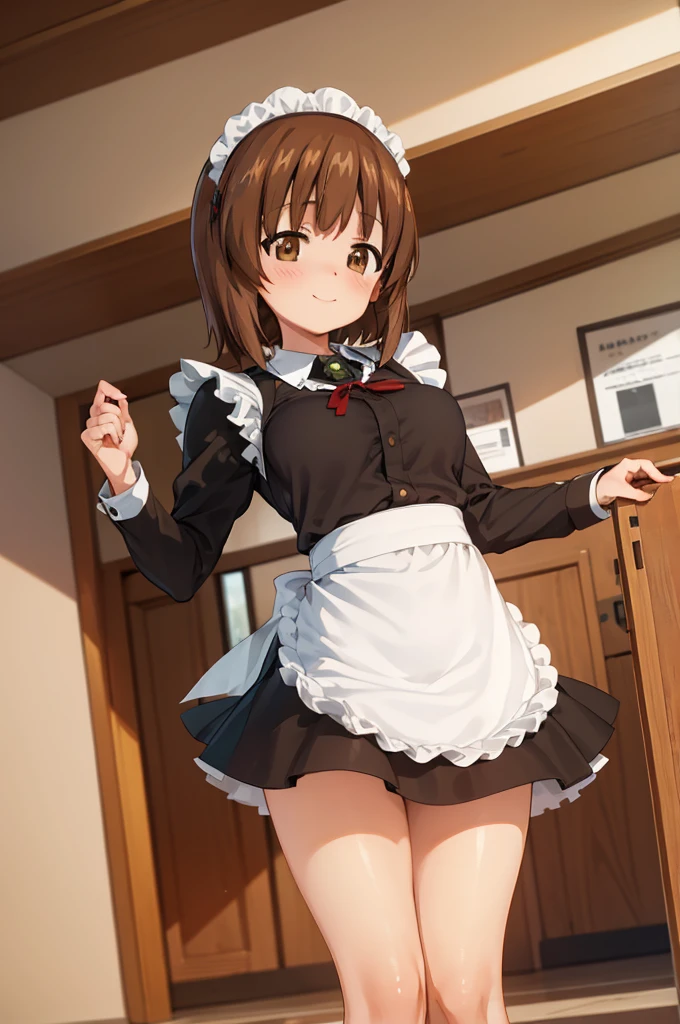 1girl, solo, girls und panzer, nishizumi miho,  brown eyes, brown hair, short hair, (maid uniform:1.4),closed mouth,happy,indoors, cafe 