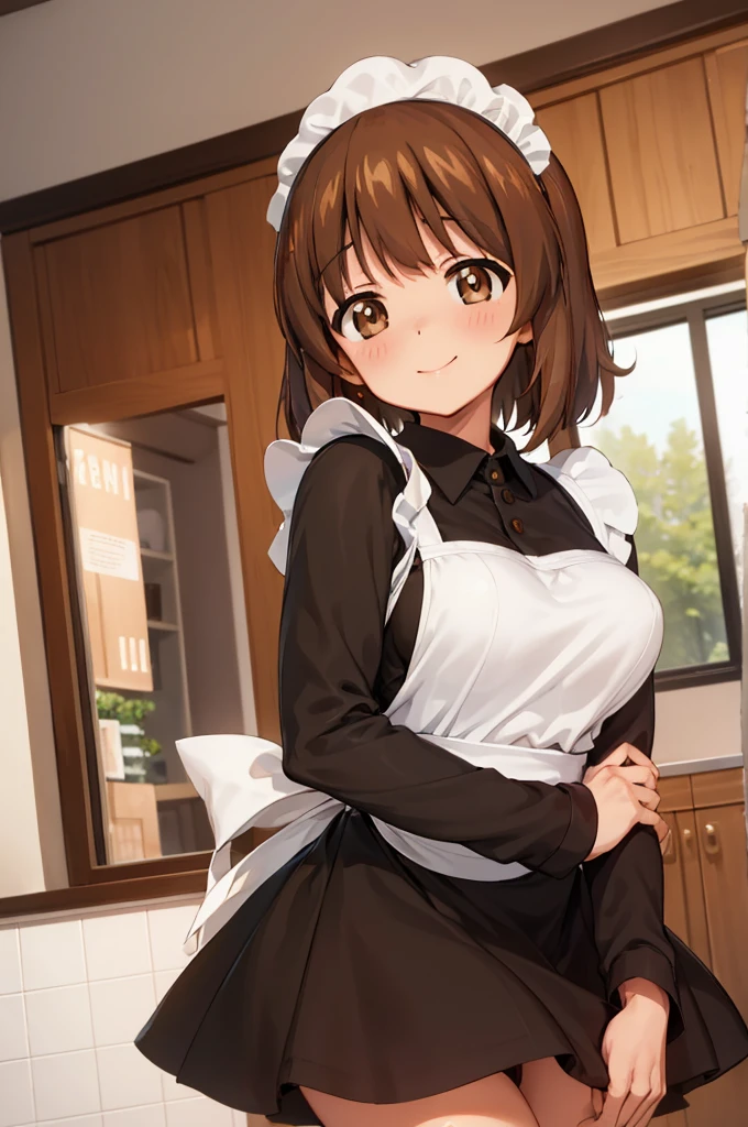 1girl, solo, girls und panzer, nishizumi miho,  brown eyes, brown hair, short hair, (maid uniform:1.4),closed mouth,happy,indoors, cafe 