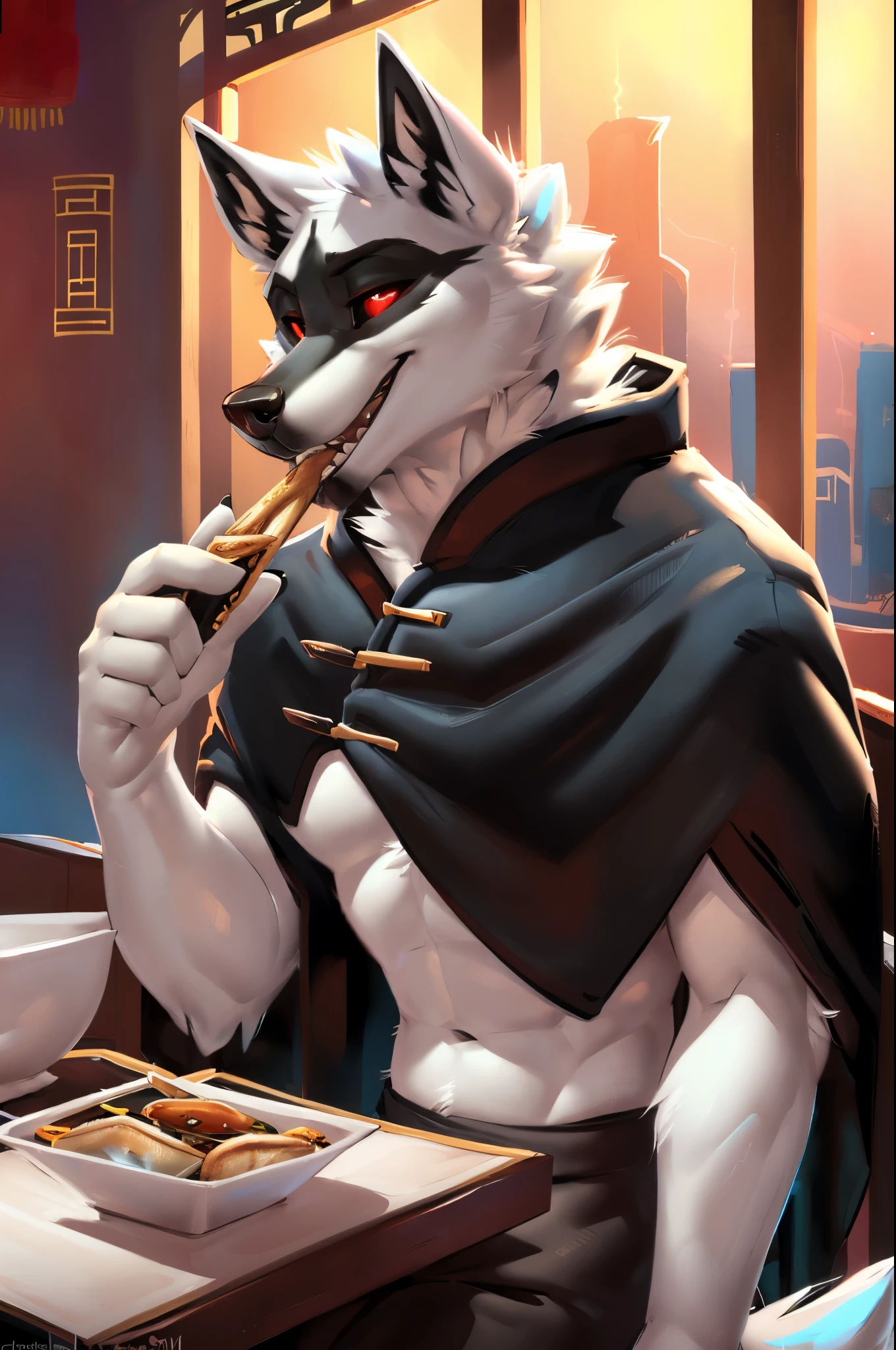 (by darkgem and demicoeur and zourick and jishinu and dacad and zackary911 and braeburned and photonoko and dimwitdog and seibear and vksuika and marblesoda and fluff-kevlar and chunie and juiceps and riska and meesh and fuzzamorous and wizzikt) anthro, wolf, (red penetrating eyes), (ultra detailed eye iris), (carbon black eye pupil), white fur, (athletic), (chinese restaurant:1.7), (holding choptsicks), (bowl with ramen), (looking at food), (verry detailed face), open mouth, solo, Deathwolf, Death\(puss_in_boots\), (very handsome:1.8), (wearing long black poncho, long black cloak), (verry detailed fur), (verry fluffy:1.6), (neck fluff:1.4), (tufted fur:1.4), (fur tuft), (inner ear fluff), high-res, detailed background, great lighting, detailed lighting, (cinematic lightning), back lightning, (walpaper), (long fluffy tail), likes the food, licking, (at night), head closeup, "eating at the restairant", tongue out, detailed tongue, canine tongue, (verry cute face:1.3), Pixar, 8k, (masterpiece)