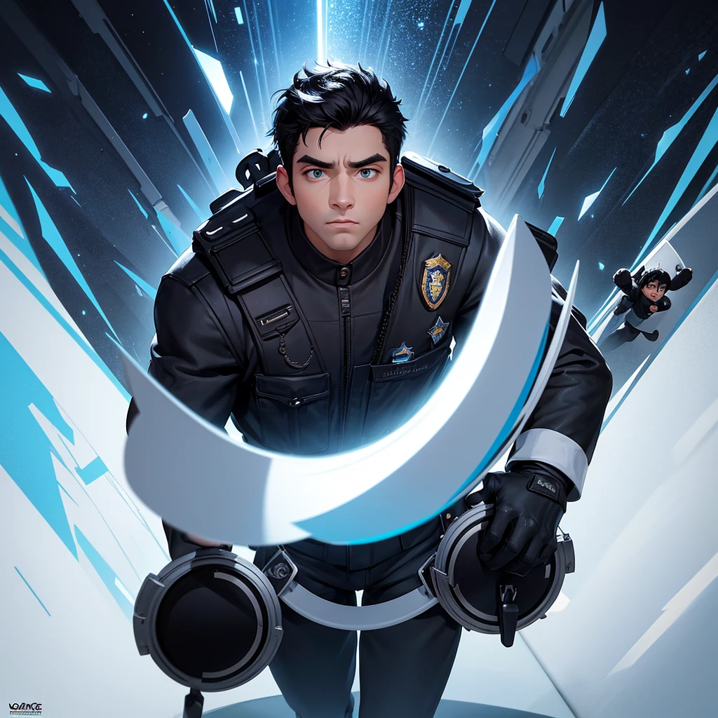 Disney-inspired untitled 3d poster/Pixar by a 22 year old, black, short black and white hair, blue eyes, round nose, police profession, responding to an incident, Ram in the background protecting
