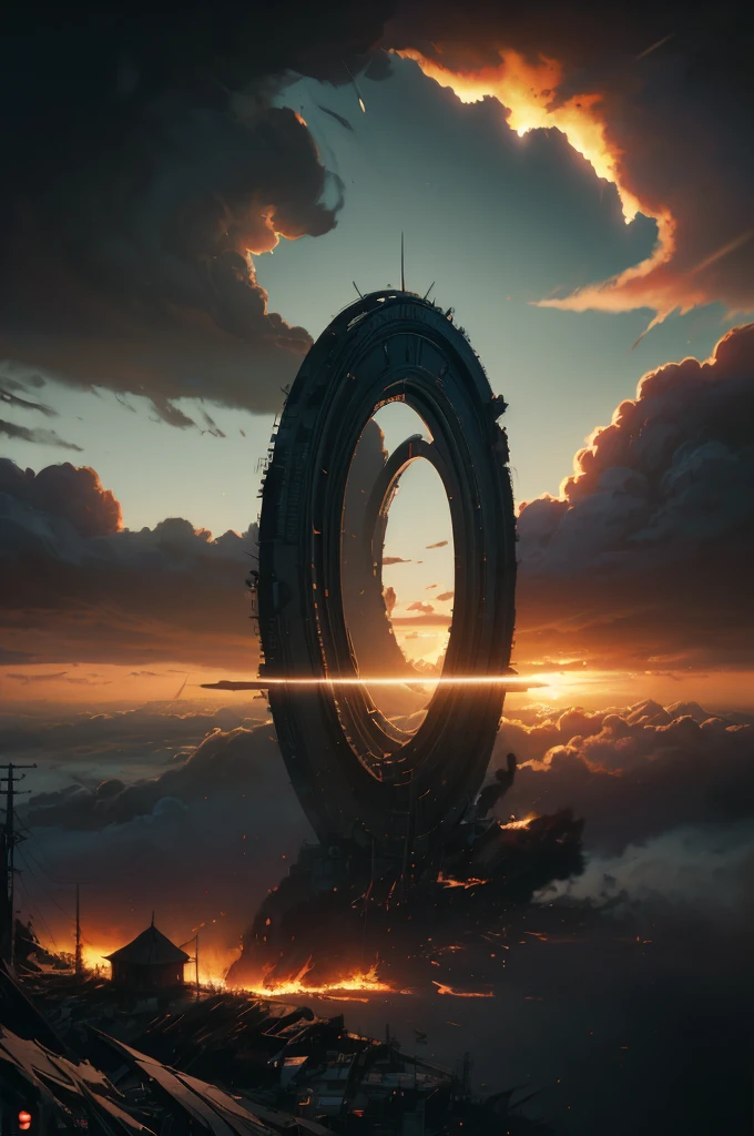 Aerial view of stratocumulus forming a circular portal in the horizon by Ismail Inceoglu and Studio Ghibli, portal to a world in fire, 8 k, anime art style, cover art, dramatic scene Octane Render made by Studio Ghibli, great detail of depth, exceptional lighting, sunset, triadic colors, ominous,