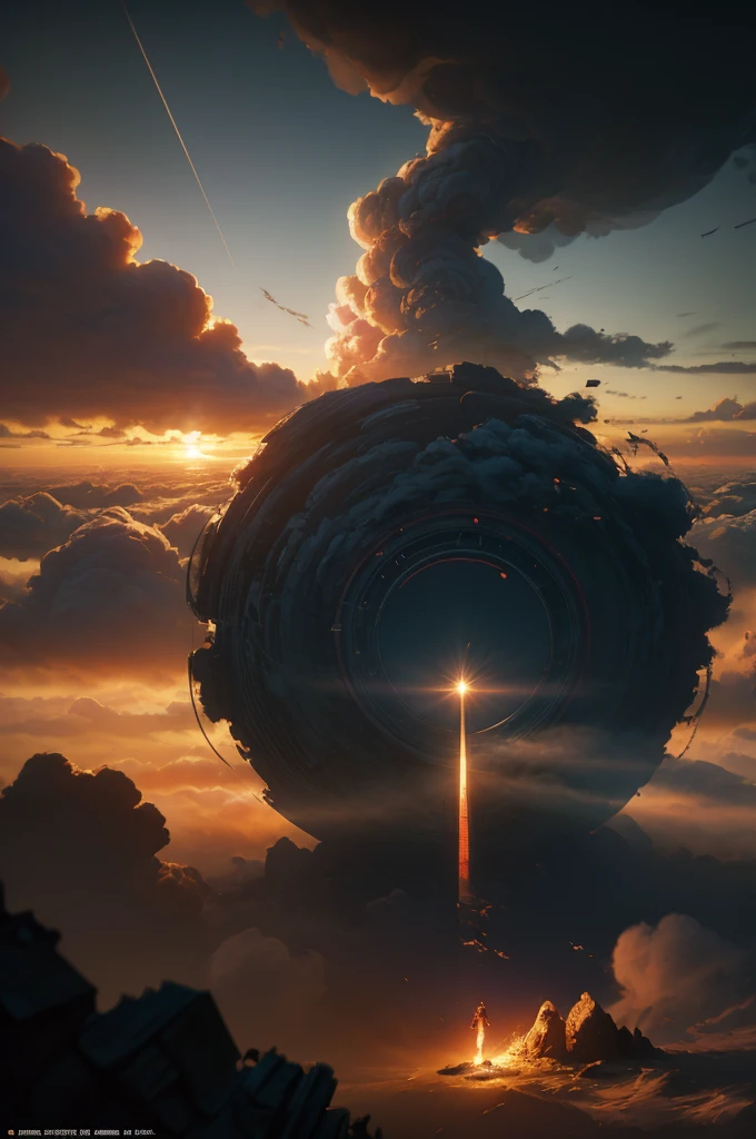 Aerial view of stratocumulus forming a circular portal in the horizon by Ismail Inceoglu and Studio Ghibli, portal to a world in fire, 8 k, anime art style, cover art, dramatic scene Octane Render made by Studio Ghibli, great detail of depth, exceptional lighting, sunset, triadic colors, ominous,