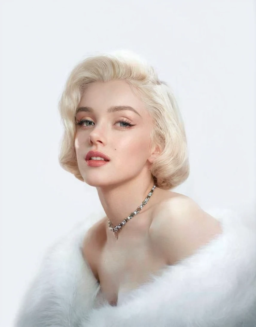 Sabrina carpenter in a white fur coat posing for a picture, as marilyn monroe, as marilyn monroe portrait, face like marilyn monroe, portrait of marilyn monroe, inspired by Marilyn Bendell, glamorous pose, most beautiful woman on earth, with short bobbed white hair, white haired lady, gorgeous woman, diamonds around her neck, by Bert Stern, white fur, beautiful face!!!!