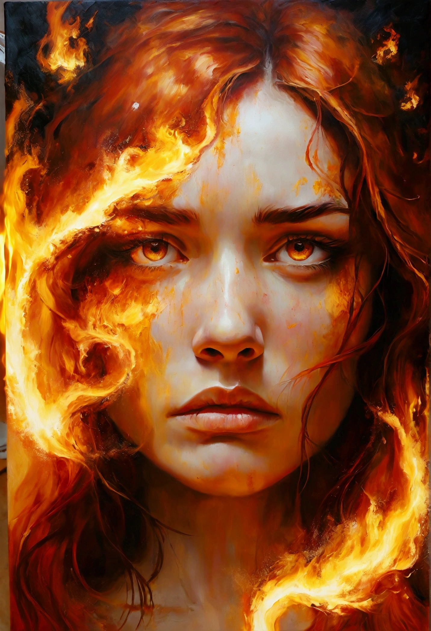 She creates a detailed and expressive painting of a woman representing the element of fire with long red hair in the foreground. The woman should be centred in the image with her head slightly tilted back, her eyes show a great expression of sadness, longing and too much anger with tears rolling down her cheeks, these tears have golden tones on her face; she reflects the intensity of the emotions in her eyes as in Cabanel's portrait of The Fallen Angel. His face should be centred towards the camera. His shoulders should be visible, while the rest of his body remains outside the frame. The background should present the element of fire that he forms with ash-like elements behind his head, composed of an iconic element of solar devastation in dark orange and dark yellow tones as the extinguished flames create an intense and radiant effect against a black background. The background should be powerful, showing her fury and energy, giving a juxtaposition between the expression of the woman's face and the background of chaos. The hair should give a sense of movement and energy like the wind. Use dramatic lighting to highlight the woman's face and hair, creating a strong contrast with the fiery background. The artistic style should focus on intricate details and ethereal elements, ensuring that the overall composition looks divine and otherworldly. Keep the warmth of the colours and fine textures to faithfully reproduce the image provided, allowing the figure to be substituted for another, but retaining the background and overall style.