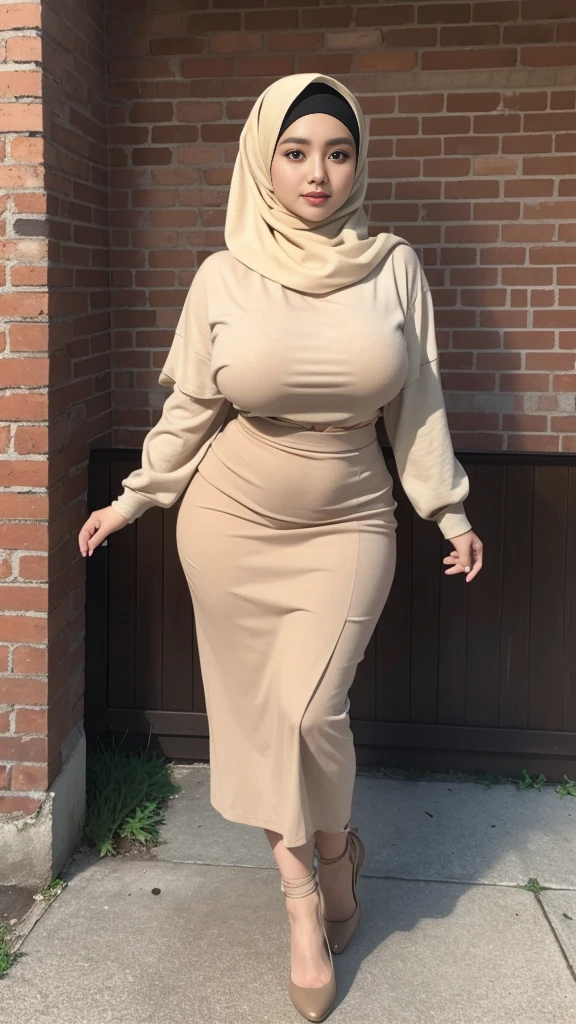 RAW, Best quality, high resolution, masterpiece: 1.3), beautiful Malay woman in hijab, Masterpiece, perfect fit body, big breasts, thick thighs, beautiful big eyes, Soft smile, muslim woman in a brown top and beige skirt leaning against a brick wall, with lovely look, wearing a fisher 🧥, 🤠 using a 🖥, taupe, long skirt, City parks, Great lighting, Bright colors, Ultra realistic clean lines, very realistic