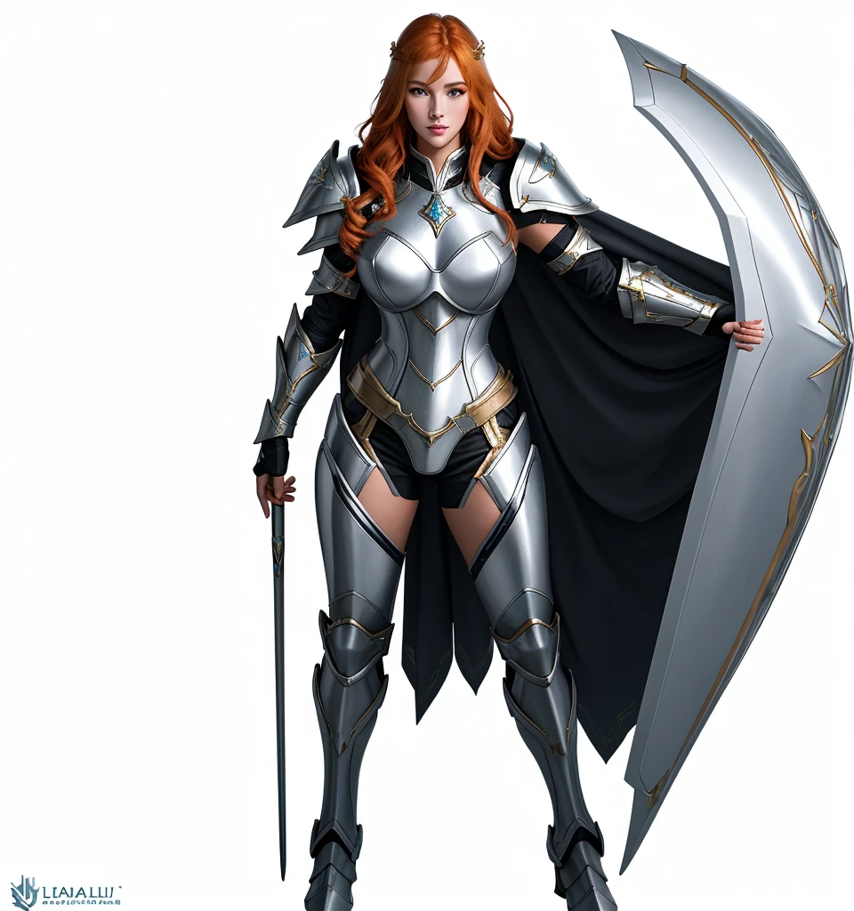 paladin, female, full armor, white armor, sexy, pretty face face, glowing armor, wonderfull, looks like "leona" from "league of legends", full body, Meilleure qualité, 1fille, seulement, gros seins, clivage, rideaux de poitrine, ginger hair color, fin lips,