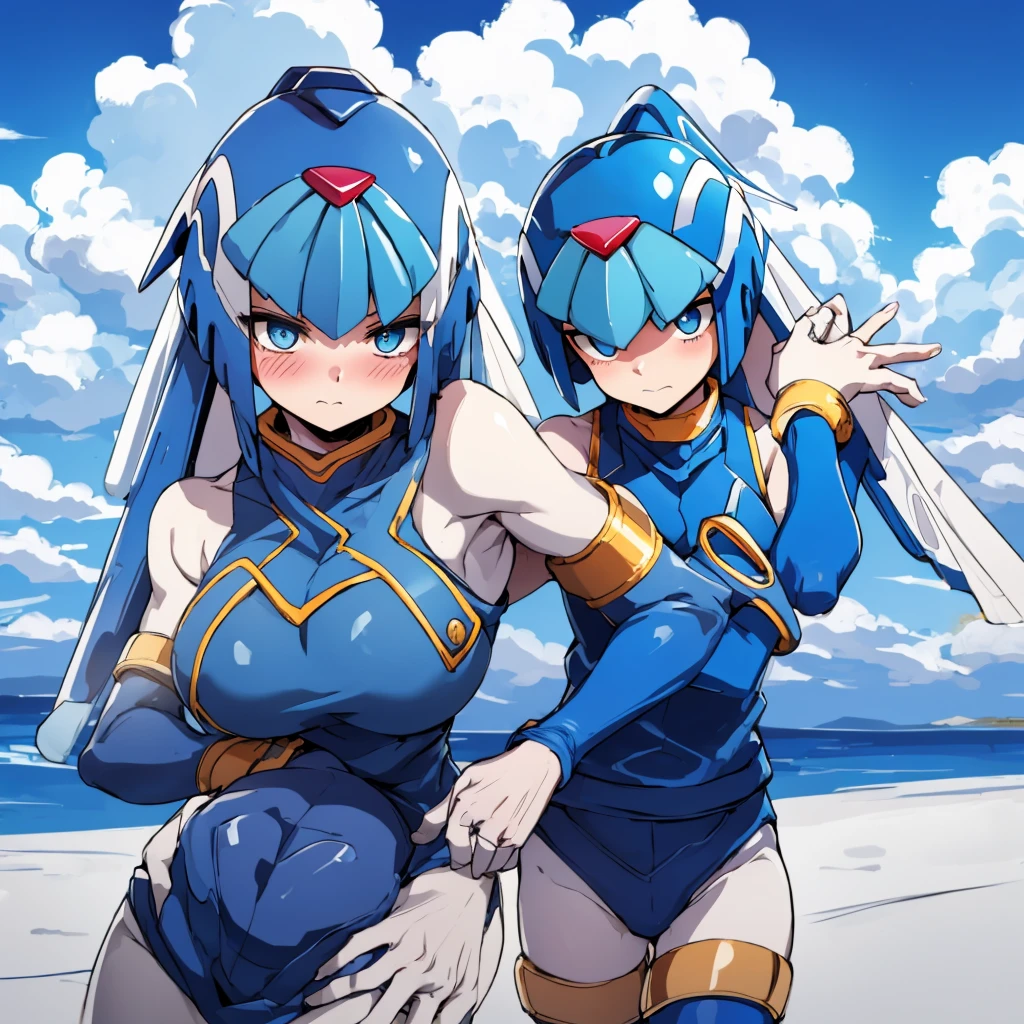 humanoid robot, 2girls, lily_entomach, 1futa, blue hair, long hair, chinese ethnicity, robotic joints, black robot,medium breasts, robot futanari, cleavage, pigtails, bangs, white and grey skin, completely impaled, blue eyes, outdoors, beach, sunlight, day, skinny, lips, athletic, breast grab, hug from behind, short, blushing, sexy robot girl, pussy, deep penetration, robotic legs and arms, sitting on lap, vaginal penetration, penis, perfect vaginal penetration, impaled, futanari fucking girl,