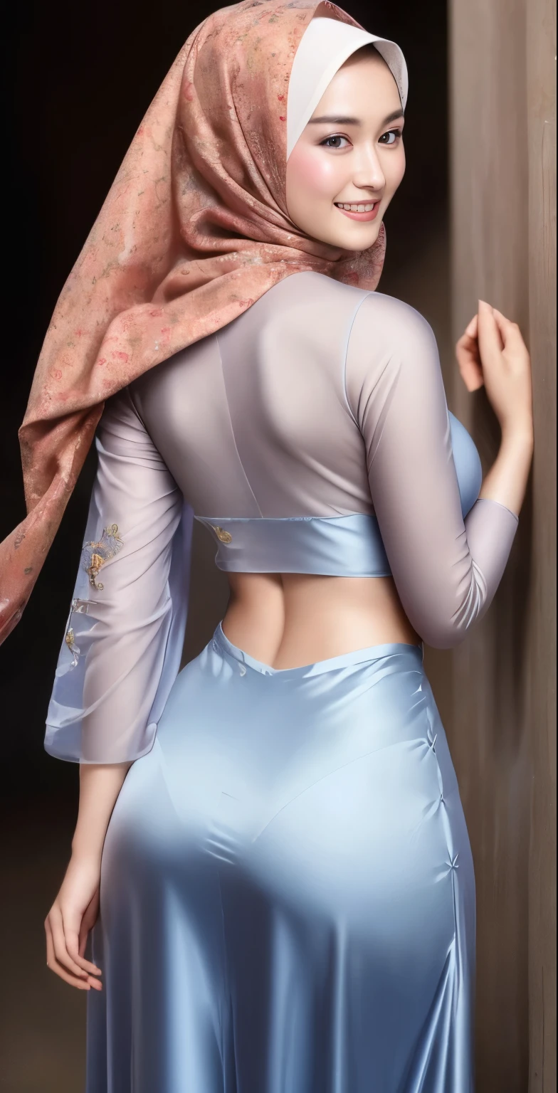 Luna Maya, (RAW photo:1.2), (photorealistic:1.4),(masterpiece:1.3),(best quality:1.4),ultra high res,(detailed eyes),(detailed facial features),(detailed clothes features),HDR,8k resolution, skin tight, (((high detailed skin,visible pores))), dreamlike,  (ulzzang-6500-v1.1:0.5),pureerosface_v1:0.2, face close-up, 1 girl, tall body, slim faces, body abs:1.2, , 30 years old, gigantic breast,  wearing tight close pastel flowing silk malay gamis with hijab, full body, beautiful shy smile,  wearing high heels, back view, (wide hips), (slightly rounded), (medium ass), perfect anatomy, flowing long skirt, 