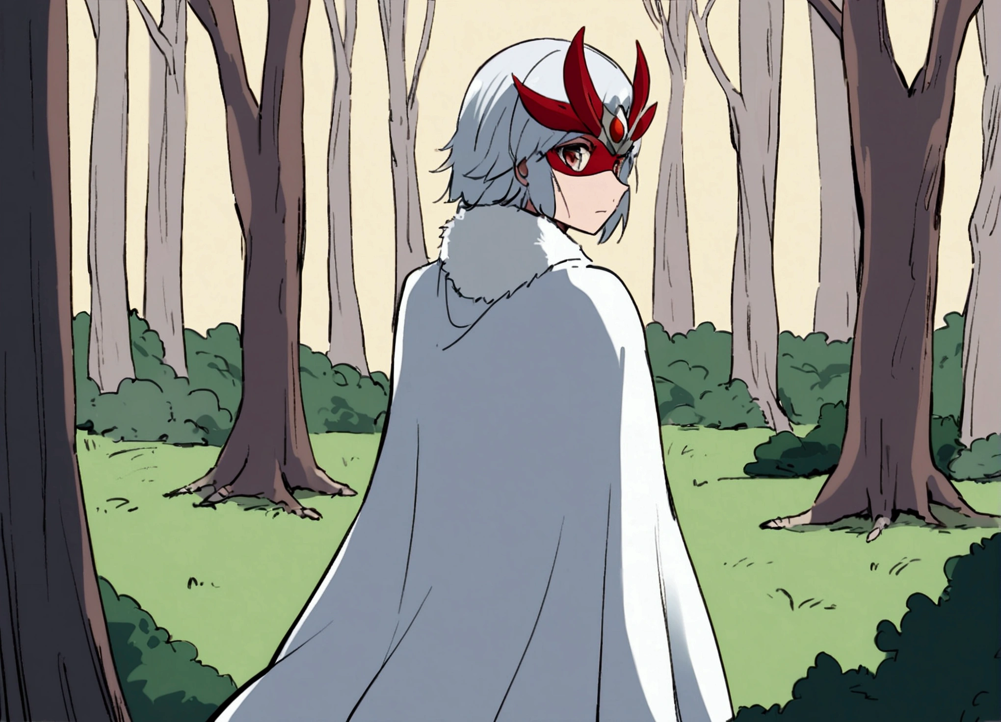 "Please draw San from Princess Mononoke. San is a girl who was raised by wolves.、Has the appearance of a warrior. She wears a white fur cloak and a red mask., Long silver hair.The background is a lush forest, Emphasizing San's presence in nature. The whole scene had to convey San's wild and powerful aura.."Looking back
