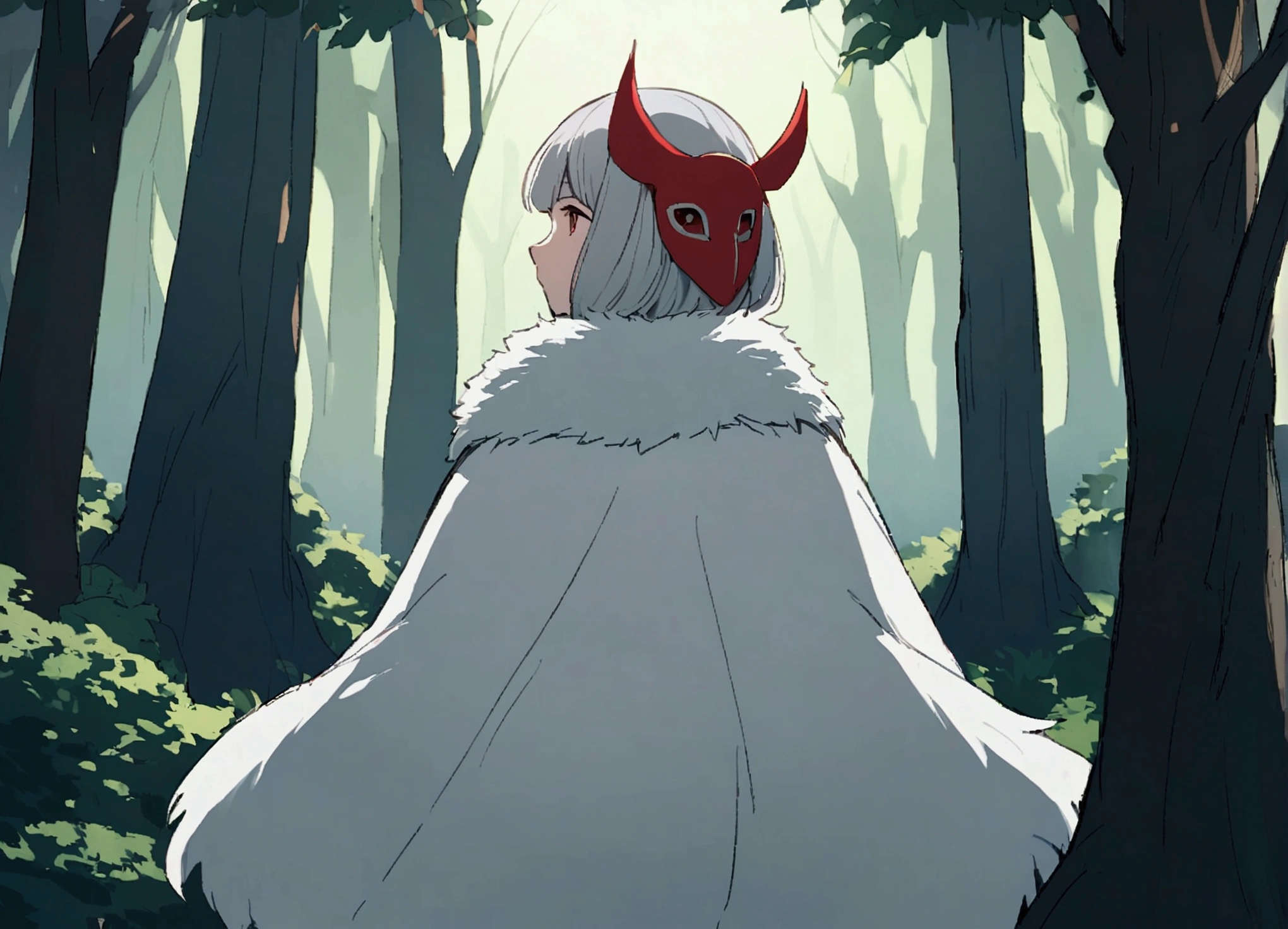 "Please draw San from Princess Mononoke. San is a girl who was raised by wolves.、Has the appearance of a warrior. She wears a white fur cloak and a red mask., Long silver hair.The background is a lush forest, Emphasizing San's presence in nature. The whole scene had to convey San's wild and powerful aura.."Looking back