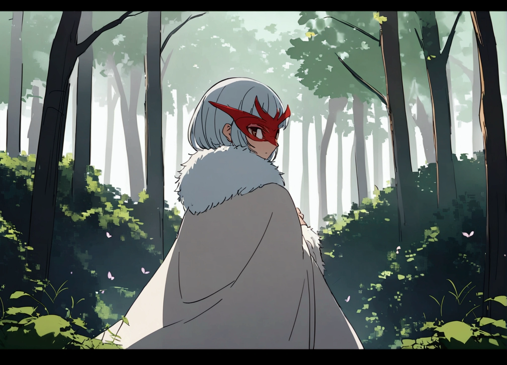 "Please draw San from Princess Mononoke. San is a girl who was raised by wolves.、Has the appearance of a warrior. She wears a white fur cloak and a red mask., Long silver hair.The background is a lush forest, Emphasizing San's presence in nature. The whole scene had to convey San's wild and powerful aura.."Looking back