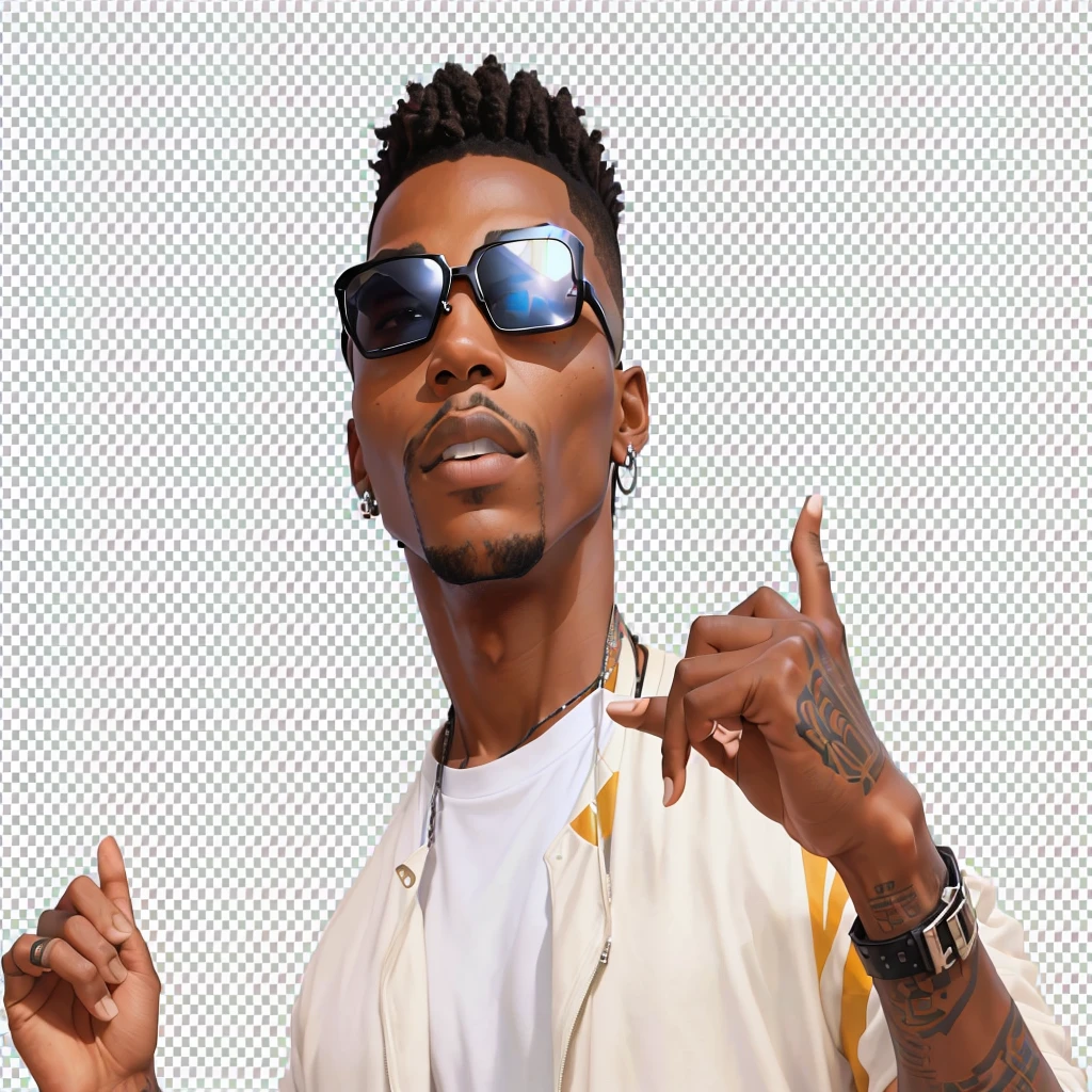 there is a man with a tattoo on his arm and sunglasses, handsome hip hop young black man, background removed, best in stock from Adobe, in an action pose, don't pose, with a Pose legal, Background transparent, photo rendering, on clear background, epic 3d omolu, isolated background, photoshop rendering, looking very cool and stylish, Pose legal