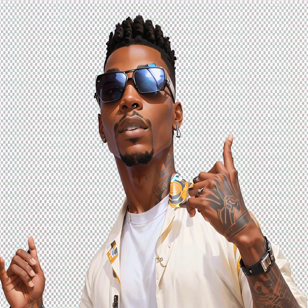 there is a man with a tattoo on his arm and sunglasses, handsome hip hop young black man, background removed, best in stock from Adobe, in an action pose, don't pose, with a Pose legal, Background transparent, photo rendering, on clear background, epic 3d omolu, isolated background, photoshop rendering, looking very cool and stylish, Pose legal