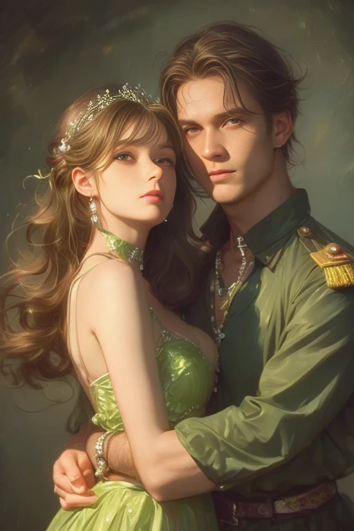 High-quality image of a couple: a blond men (tall, statuesque, handsome, courageous young man with blue eyes, curly golden hair, dressed in a gray antique military uniform) he hugs a woman with a black hair (a fantastically beautiful young femme fatale with long straight black hair, long bangs, she has blackberry eyes, she is a princess, on she has a romantic dress and a tiara). They are in love with each other. The sketches of the "Ideal Anatomy" made by Boris Vallejo are characterized by a high degree of detail. Masterpiece, detailed study of the face, beautiful face, beautiful facial features, perfect image, realistic shots, detailed study of faces, full-length image, 8k, detailed image, extremely detailed illustration, a real masterpiece of the highest quality, with careful drawing.