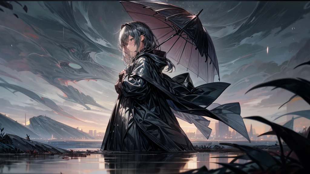 A girl alone walking along a path covered in fallen leaves, under a gray and cloudy sky. The person is dressed in a dark coat, with head tilted slightly downward, reflecting introspection and sadness. On the sides of the path, The leafless trees stand like shadows of the past. on the horizon, a lone star shines faintly in the night sky, symbolizing the dreams and memories that still persist. Raindrops fall softly, adding a touch of melancholy and representing tears and pain.