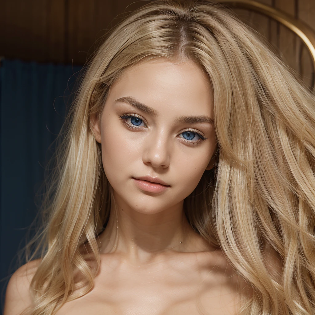 best texture, high quality, Ultra HD, 8k, dress up. A photorealistic portrait of a 20 year old Norwegian girl with long flowing white hair and blue-green eyes. It should have a natural expression. The background should be in a room with purple leds in front of a mirror. Capture this image with a high resolution photograph using an 85mm lens for a more flattering image.