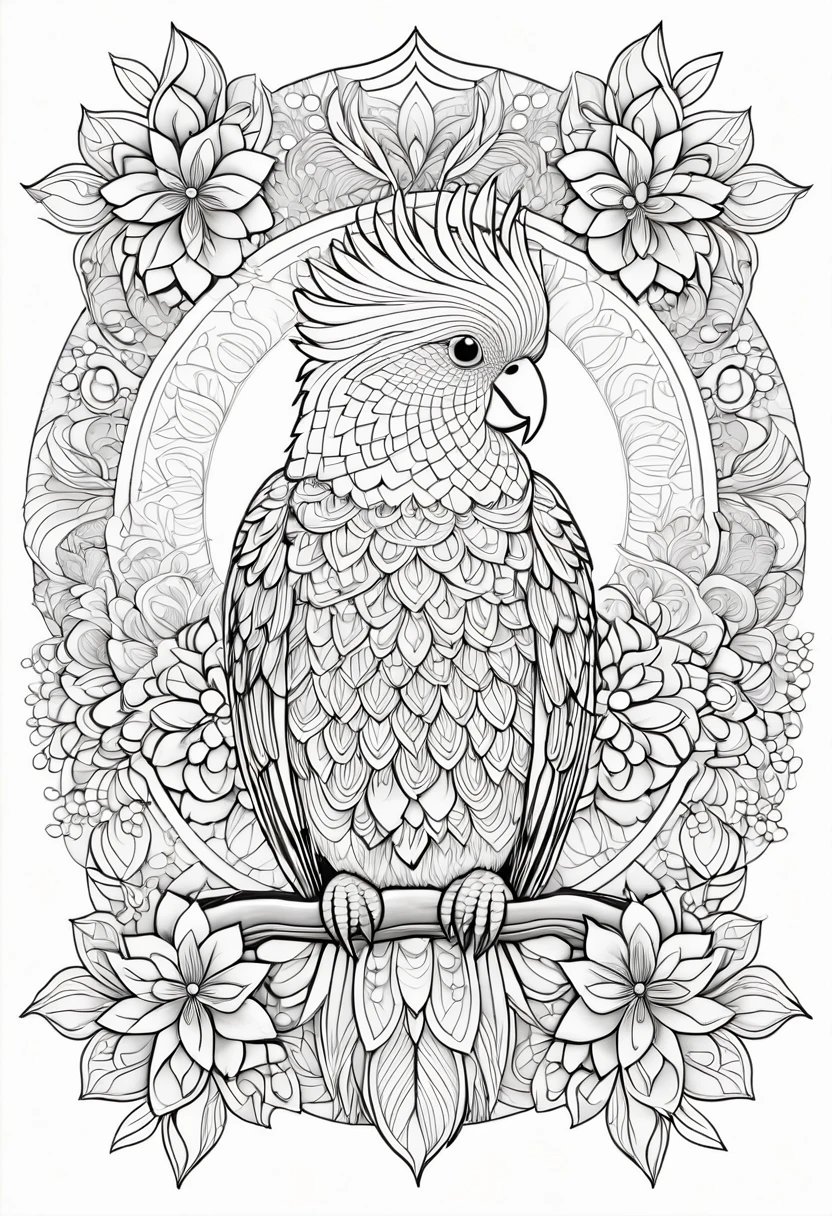 A striking black and white line art coloring page designed for adults with white background, featuring a majestic Cockatoo in a mandala-inspired style. The Cockatoo is adorned with intricate patterns that include floral and geometric designs, making it an engaging and detailed work of art. The illustration focuses on crisp, clean lines and bold outlines, without any shading or color, allowing the user to bring their own vibrancy to the piece. The minimalistic design, with its thick lines and absence of background details, creates a soothing coloring experience for adults seeking calming and creative activities. illustration