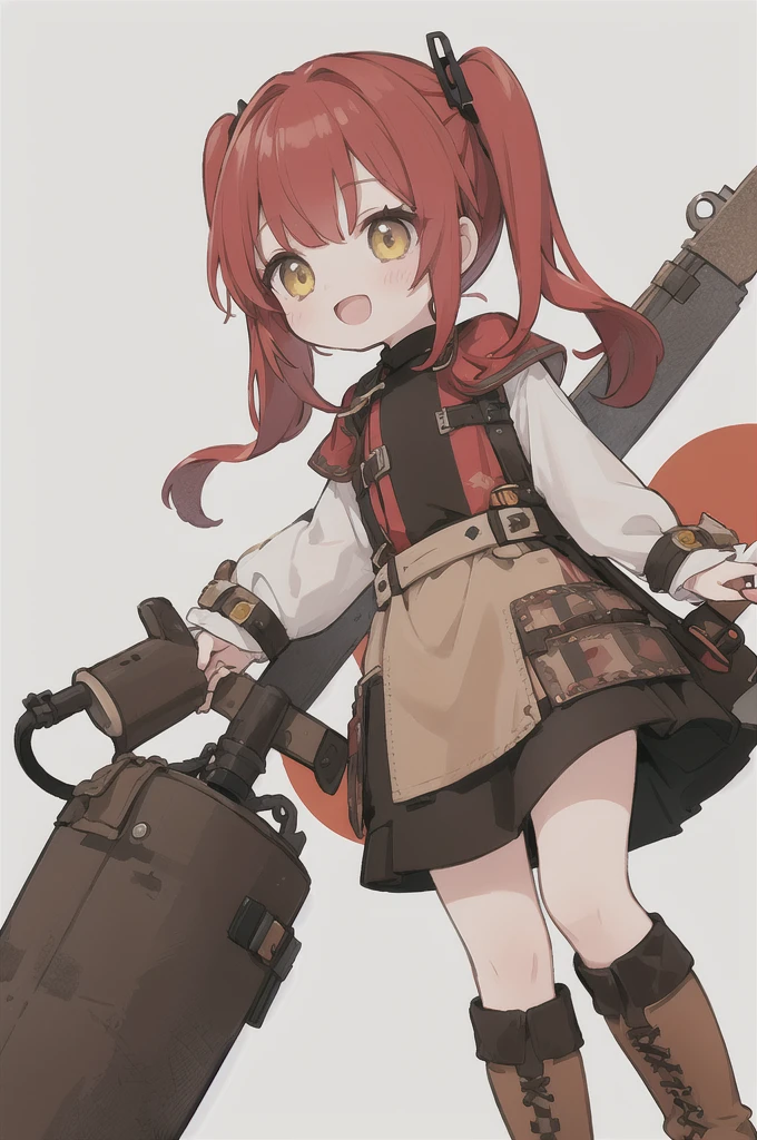 solo, 1girl, deep-red hair,pig tails with bangs, ember yellow-colored eyes, brown boots, happy, :D, patchwork skirts and dusty shirt, wasteland character, rats,childlike, icon, minimal design, white background [(WHITE BACKGROUND:1.5),::5] HEXAGON