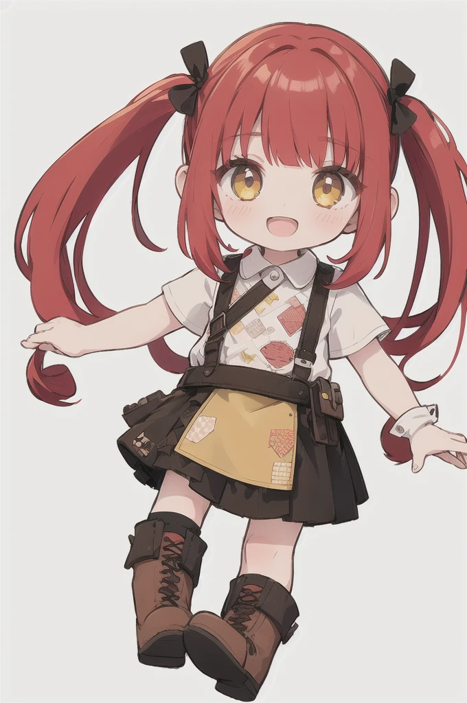 solo, 1girl, deep-red hair,pig tails with bangs, ember yellow-colored eyes, brown boots, happy, :D, patchwork skirts and dusty shirt, wasteland character, rats,childlike, icon, minimal design, white background [(WHITE BACKGROUND:1.5),::5] HEXAGON