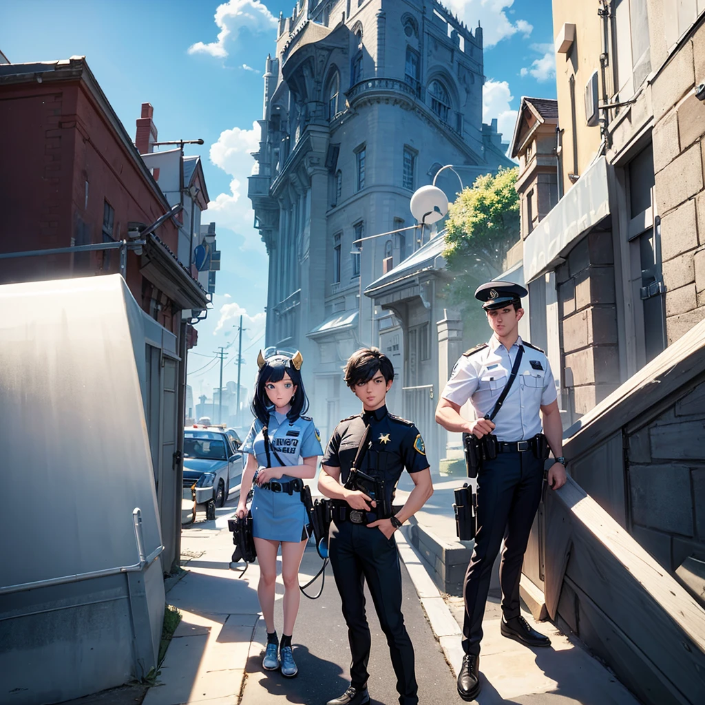Disney-inspired untitled 3d poster/Pixar by a 22 year old, offwhite, cabelo offwhite, and short black, blue eyes, round nose, police profession, responding to an incident, Ram in the background protecting