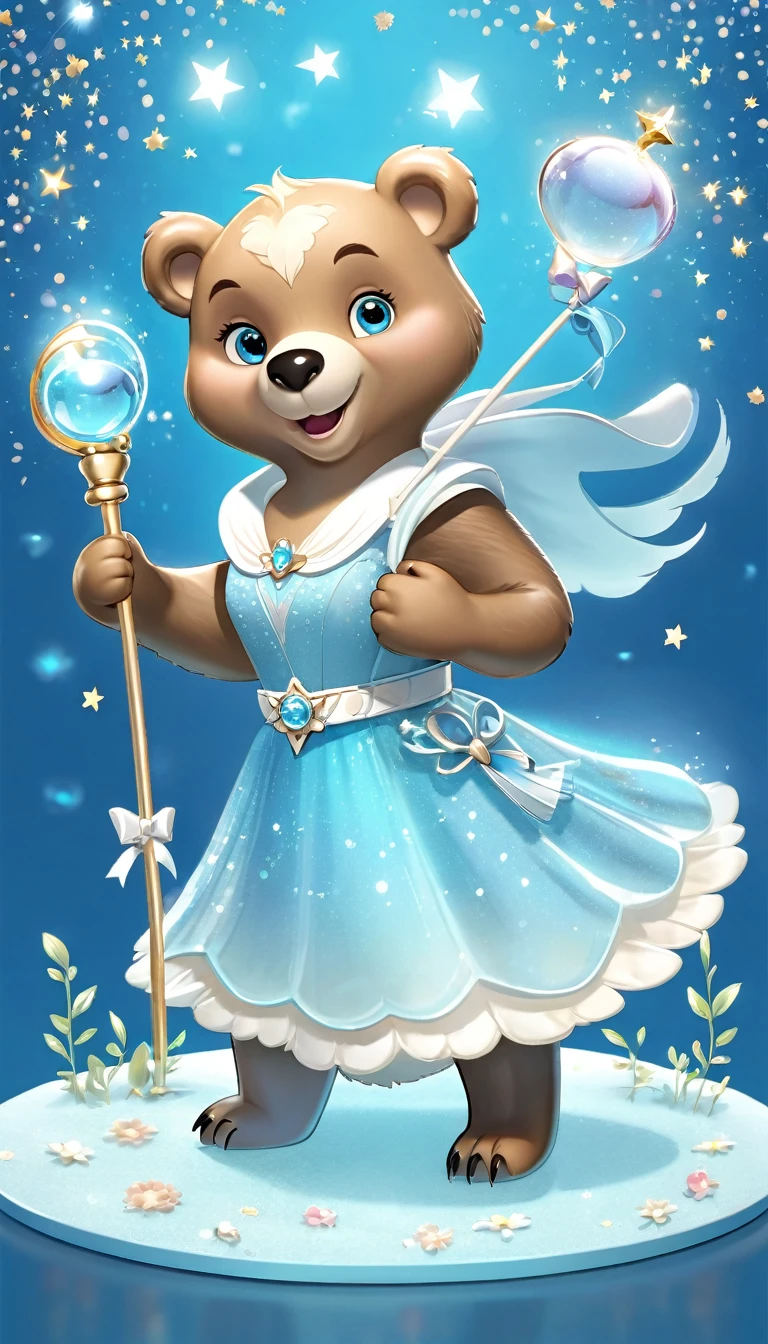 Create a high-quality, highly detailed, and realistic 3D character illustration featuring a cute anthropomorphic bear. The bear has a rounded, soft, and glossy appearance, with large, sparkling blue eyes. It wears a light blue dress with sheer, puffed sleeves and a silver belt adorned with a floral pattern. The bear is holding a star-tipped magic wand in one hand and a transparent bottle with a blue drink and a straw in the other. The scene should be set against a bright, soft blue background with a gentle glow and floating sparkles and bubbles. The overall atmosphere should be magical, cheerful, and whimsical, capturing the essence of a cute, magical character.
Details to include:
The bear's head has a glossy, semi-transparent finish, with additional glossy elements on its head.
The bear's expression is joyful, with a wide smile and rosy cheeks.
The dress should have a delicate, translucent texture, with intricate details on the belt.
The magic wand emits a soft, glowing light.
The background includes soft light effects, sparkles, and floating bubbles to enhance the magical atmosphere.
This prompt should help in recreating an image similar to the one you provided.