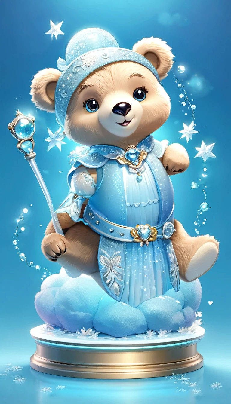 Create a high-quality, highly detailed, and realistic 3D character illustration featuring a cute anthropomorphic bear. The bear has a rounded, soft, and glossy appearance, with large, sparkling blue eyes. It wears a light blue dress with sheer, puffed sleeves and a silver belt adorned with a floral pattern. The bear is holding a star-tipped magic wand in one hand and a transparent bottle with a blue drink and a straw in the other. The scene should be set against a bright, soft blue background with a gentle glow and floating sparkles and bubbles. The overall atmosphere should be magical, cheerful, and whimsical, capturing the essence of a cute, magical character.
Details to include:
The bear's head has a glossy, semi-transparent finish, with additional glossy elements on its head.
The bear's expression is joyful, with a wide smile and rosy cheeks.
The dress should have a delicate, translucent texture, with intricate details on the belt.
The magic wand emits a soft, glowing light.
The background includes soft light effects, sparkles, and floating bubbles to enhance the magical atmosphere.
This prompt should help in recreating an image similar to the one you provided.
