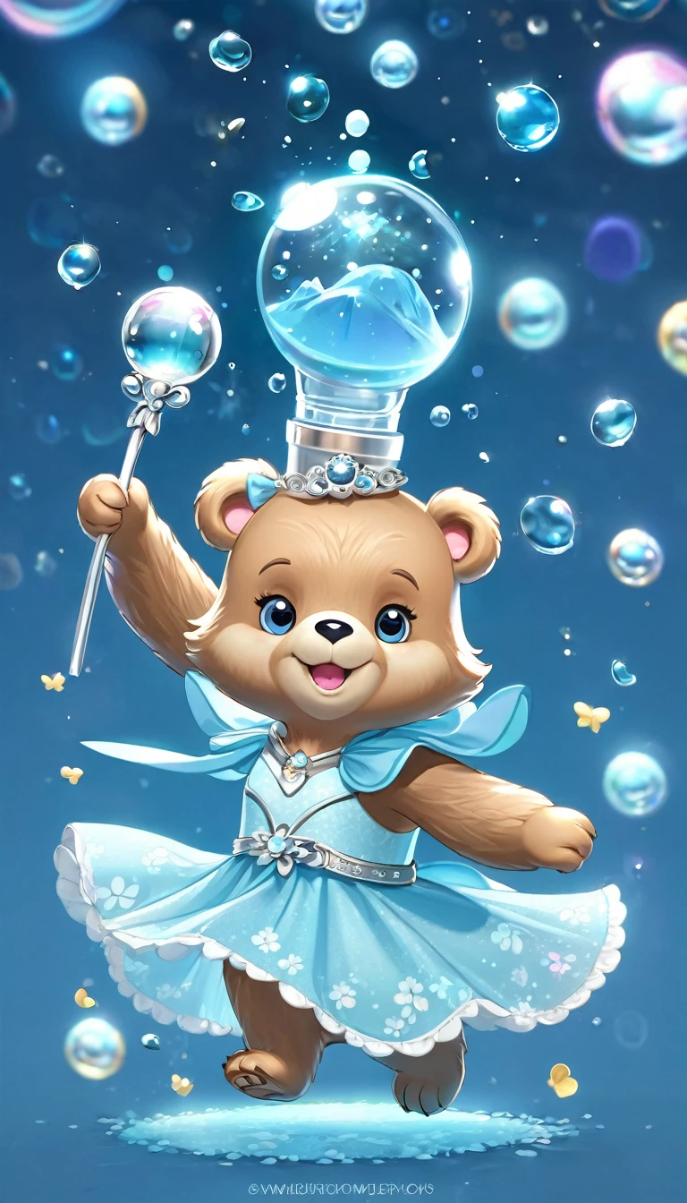 Create a high-quality, highly detailed, and realistic 3D character illustration featuring a cute anthropomorphic bear. The bear has a rounded, soft, and glossy appearance, with large, sparkling blue eyes. It wears a light blue dress with sheer, puffed sleeves and a silver belt adorned with a floral pattern. The bear is holding a star-tipped magic wand in one hand and a transparent bottle with a blue drink and a straw in the other. The scene should be set against a bright, soft blue background with a gentle glow and floating sparkles and bubbles. The overall atmosphere should be magical, cheerful, and whimsical, capturing the essence of a cute, magical character.
Details to include:
The bear's head has a glossy, semi-transparent finish, with additional glossy elements on its head.
The bear's expression is joyful, with a wide smile and rosy cheeks.
The dress should have a delicate, translucent texture, with intricate details on the belt.
The magic wand emits a soft, glowing light.
The background includes soft light effects, sparkles, and floating bubbles to enhance the magical atmosphere.
This prompt should help in recreating an image similar to the one you provided.