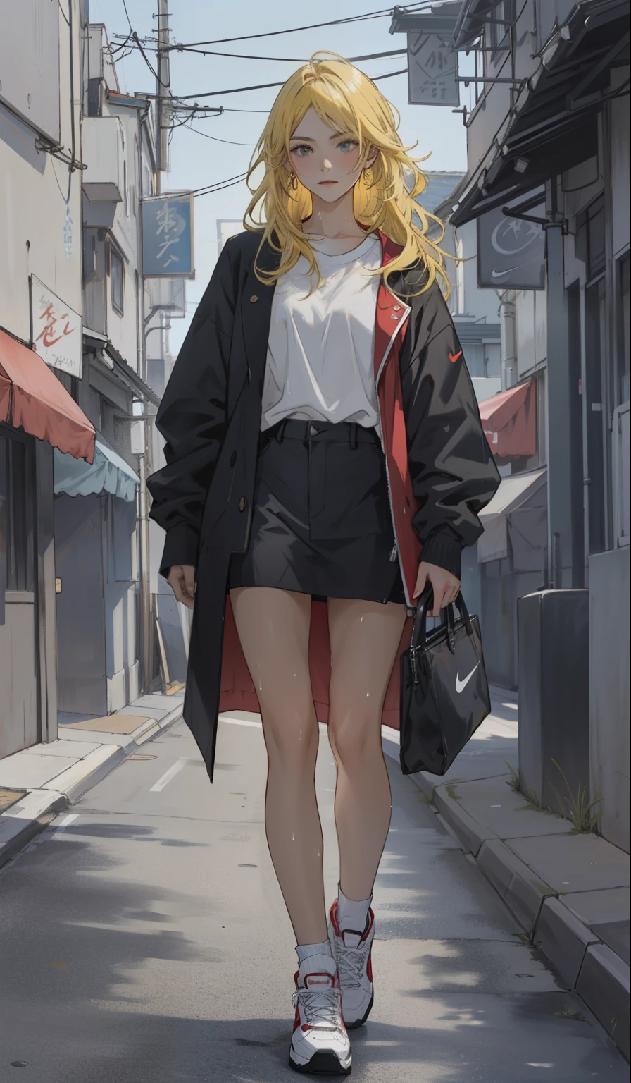 Masterpiece, photo realistic hyper details, a woman in a white shirt, pastel blue colour mini short, simple style, wearing elegant casual clothes, muted red, simple clothes, milk and blue style, casual transparent clothing style, wet, modern fashion outfit, wearing a fisher , casual modern clothing, inspo, red clothes, blue oversized jacket, brosshort, neutral tones, red and white color scheme, casual business outfit,cute face, nike shoes, 22 years old, adult face, long hair, ((yellow hair)), street traditional festival