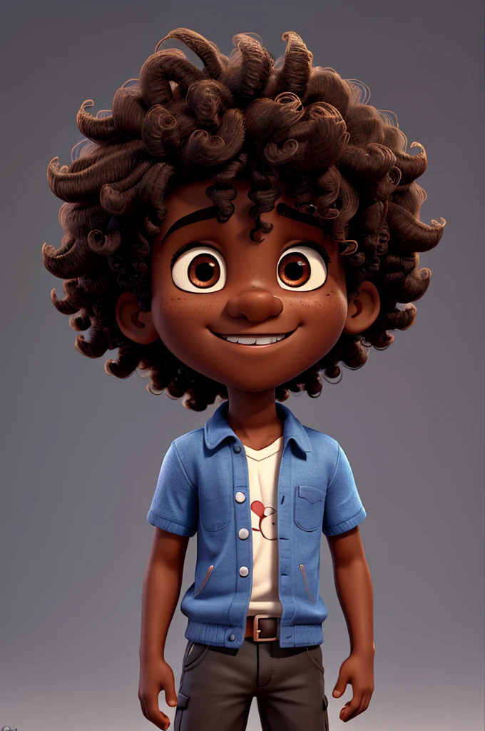 create an image of a dark-skinned boy with curly hair cartoon 3d
