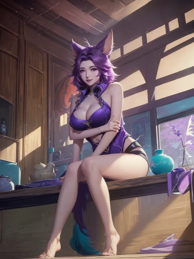 (masterpiece, top quality, best quality, official art, beautiful and aesthetic:1.2),(((Realistic, Photorealistic))). Actual image of a girl kneels gracefully. Silk outfit featuring purple and black tones, embellished with ornate gold patterns. Chinese ancient. Big breast. View to the viewer. She has long, flowing white hair and pointed, fox ears. She has 9 tails of purple and white. Inspired by ahri from league of legends. Her expression is soft and inviting, enhancing her enchanting presence. Photos have high detail. High quality. Studio Lighting. White Background. 