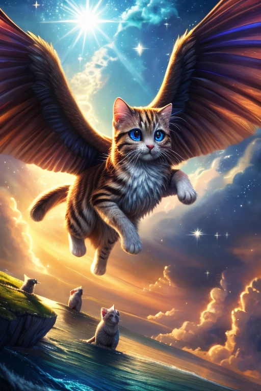 (Highest quality、masterpiece、8k))、Anatomically correct、Very detailed、High resolution、Realistic、((Beautiful, sparkling, detailed eyes))、Intricate details、Cinematic lighting、((Dynamic composition))、Eight cute kittens with bird wings、Beautiful island、heaven