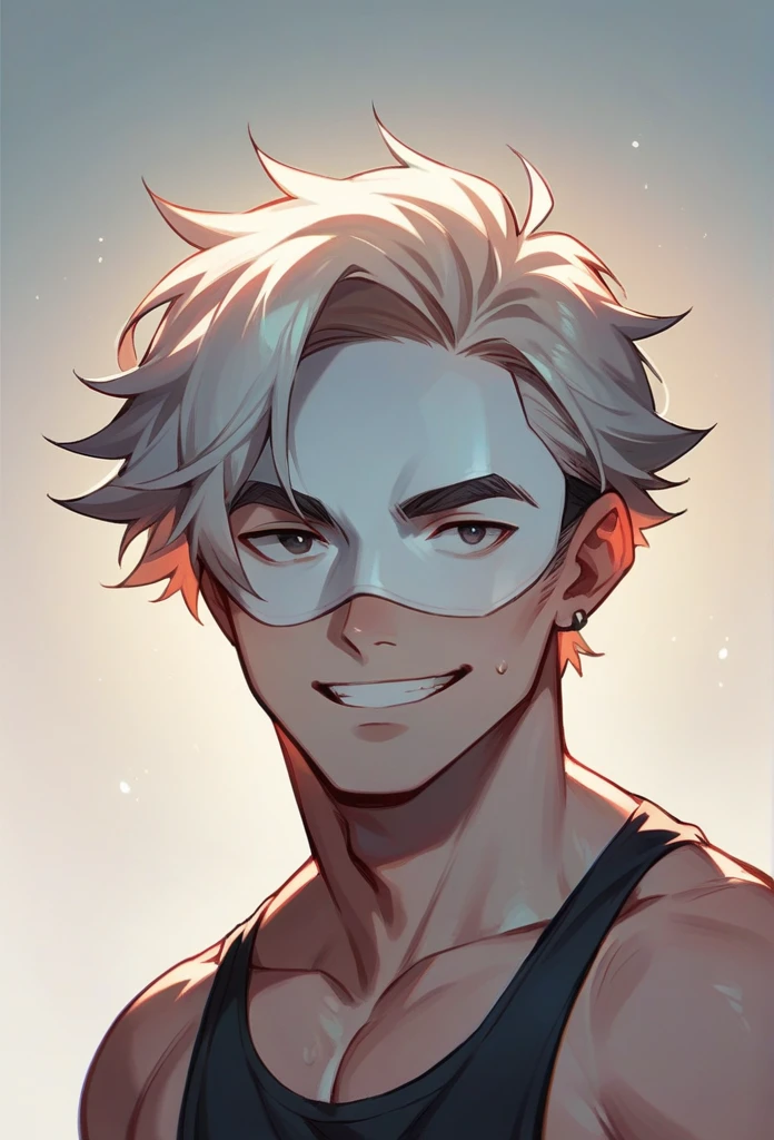 Simple illustration of a boy wearing a white mask with a smile on it and a jesters outfit