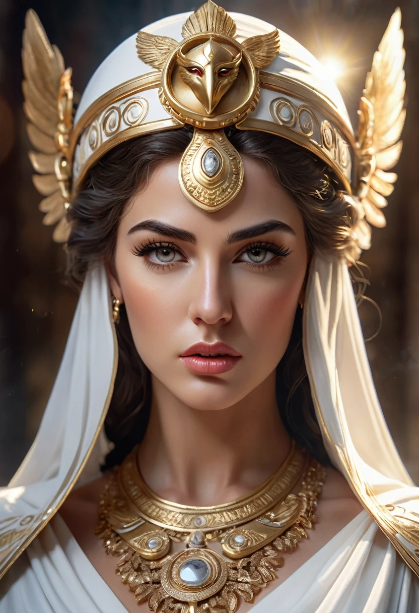 a beautiful greek goddess athena,goddess of wisdom and war,detailed face and eyes,beautiful detailed lips,long eyelashes,ornate headdress,flowing white robes,intricate jewelry,muscular female figure,revealing clothing,sensual pose,dramatic lighting,dynamic composition,cinematic,hyper realistic,digital art,highly detailed,8k,masterpiece,photorealistic