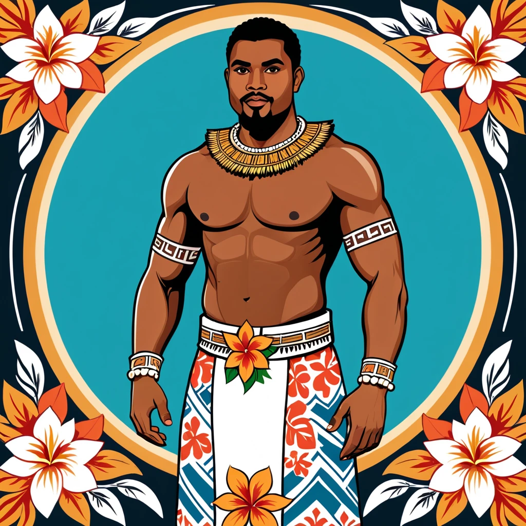 man in fiji folk outfit, vector graphics, strong contours