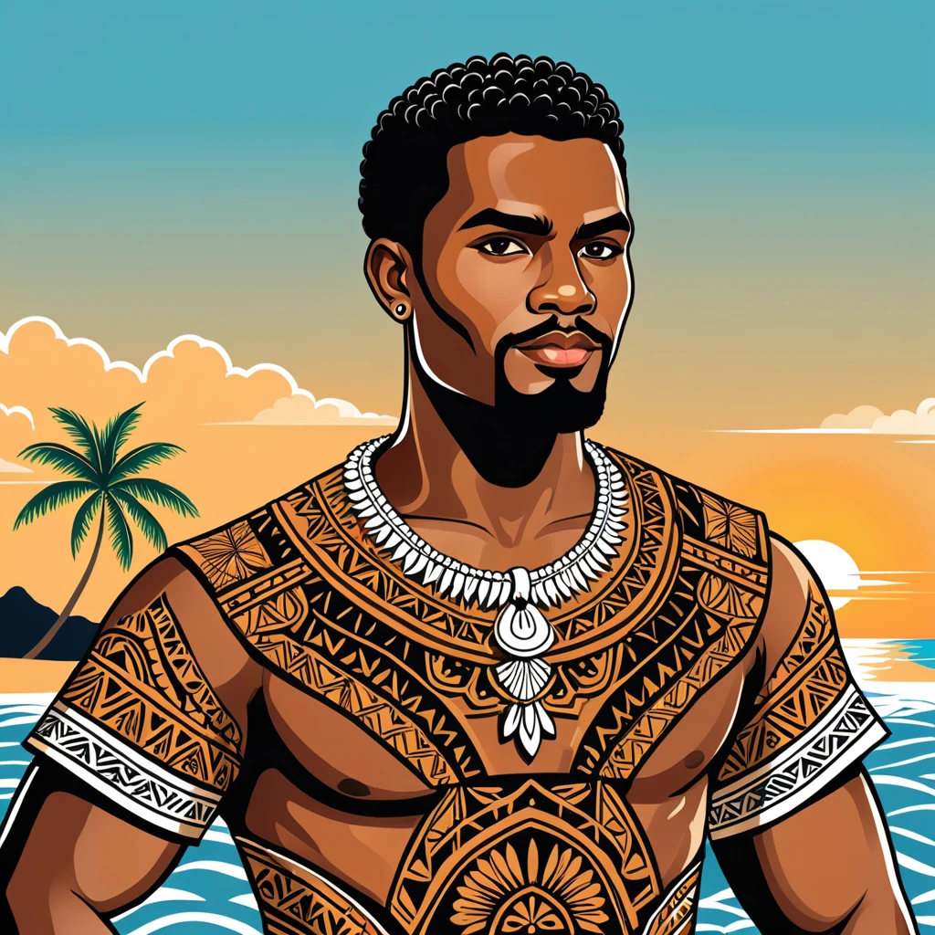 man in fiji folk outfit, vector graphics, strong contours