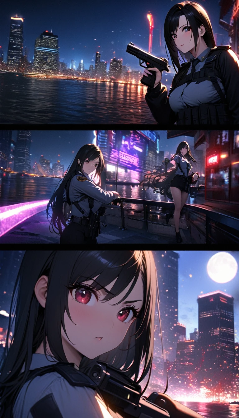 Highest quality, Great quality, 16K, Unbelievably absurd, Very detailed, delicate and dynamic, software, Natural light, The particles reflect the color, Diffuse reflection of light, Vortex of Light, Hudson River, new york, Night view, moon, Create amazing image effects, , (Cute sexy girl, , Pursue the perpetrator, Intense movement, Vibrant, hot, , , , pistol, Long black hair, Police uniform, new york市警, Tifa Lockhart Final Fantasy VII)