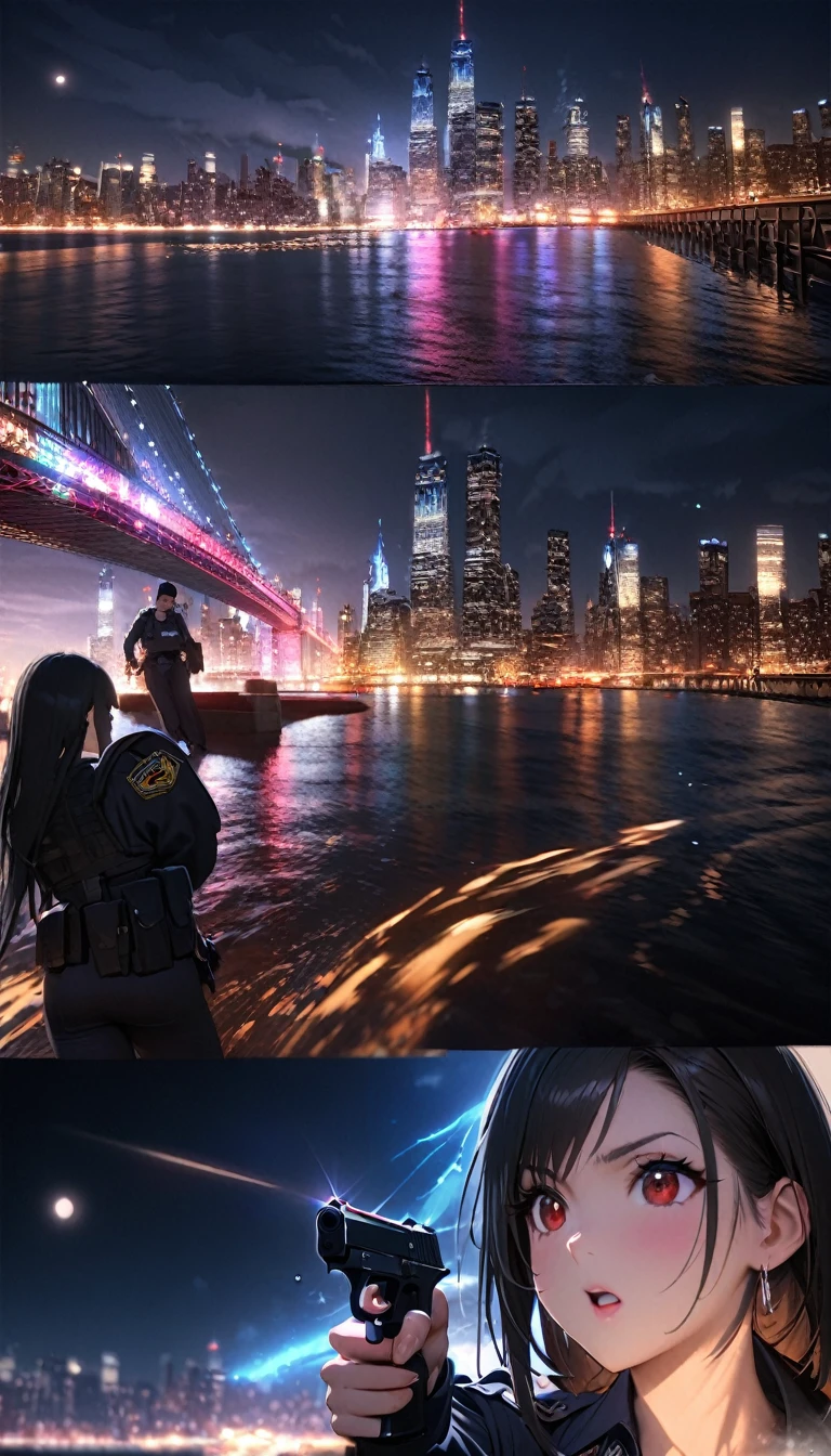 Highest quality, Great quality, 16K, Unbelievably absurd, Very detailed, delicate and dynamic, software, Natural light, The particles reflect the color, Diffuse reflection of light, Vortex of Light, Hudson River, new york, Night view, moon, Create amazing image effects, , (Cute sexy girl, , Pursue the perpetrator, Intense movement, Vibrant, hot, , , , pistol, Long black hair, Police uniform, new york市警, Tifa Lockhart Final Fantasy VII)