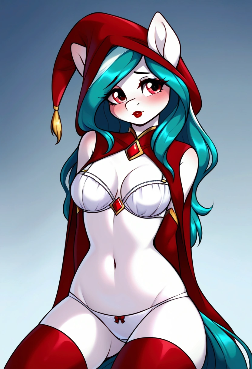 (My little pony), anthro, ((turquoise to white hair gradient)), white body, red eyes, medium breasts, red lips, perfect lines, beautiful quality, room, ((very shy pose)), ((modest red mage costume)), mage hat, radiant light, red stockings, white panties, big ass, front view, white bra