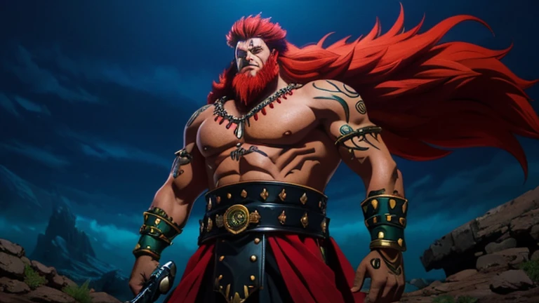 An awe-inspiring dark fantasy illustration of an anthropomorphic lion warrior, with a muscular, dark-skinned body adorned with tribal tattoos and scars of battle. His bright red and white attire, tribal bracelets, and magical sword with a glowing green halo and gemstone-studded belt showcase his authority. His long, radiant hair and red beard add to his imposing presence. This cinematic scene, set in a post-battle environment with distant ships, captures the essence of the fierce warrior as he stands victorious amidst the vibrant and conceptual art., vibrant, dark fantasy, conceptual art, poster, cinematic