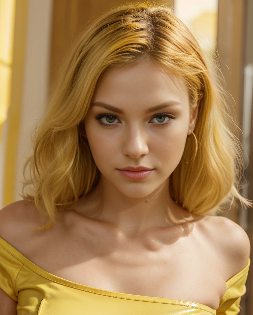 Sure, here is the translation from Spanish to English:

"a woman with bright yellow hair and a bright yellow dress, yellow hair, yellow hue, beautiful yellow woman, light yellow hair, yellow makeup, shiny hair, (((yellow))), wavy hair yellow theme, medium yellow blond hair, brilliantly colored, neon hair, glossy yellow, long yellow hair, yellow, yellow skin, vibrant hair, yellow spiky hair"