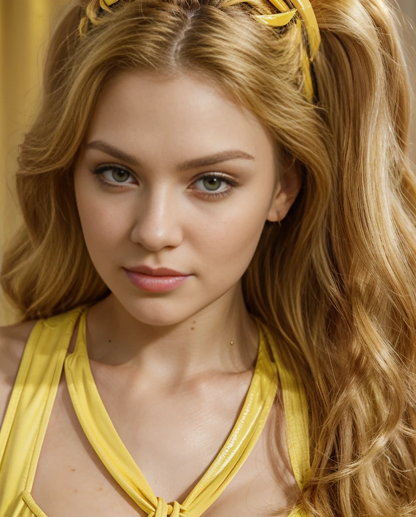 Sure, here is the translation from Spanish to English:

"a woman with bright yellow hair and a bright yellow dress, yellow hair, yellow hue, beautiful yellow woman, light yellow hair, yellow makeup, shiny hair, (((yellow))), wavy hair yellow theme, medium yellow blond hair, brilliantly colored, neon hair, glossy yellow, long yellow hair, yellow, yellow skin, vibrant hair, yellow spiky hair"